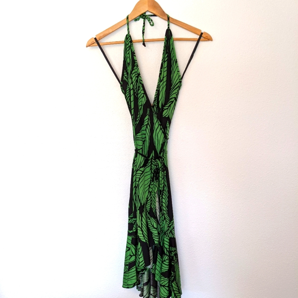 Mara Hoffman black & green leaf print silk halter wrap dress size M